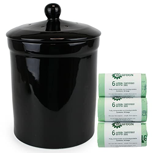 Black Ceramic Compost Caddy & 150x 6L All-Green Compostable Bags - Portland Kitchen Ceramic Compost Bin for Food Waste Recycling