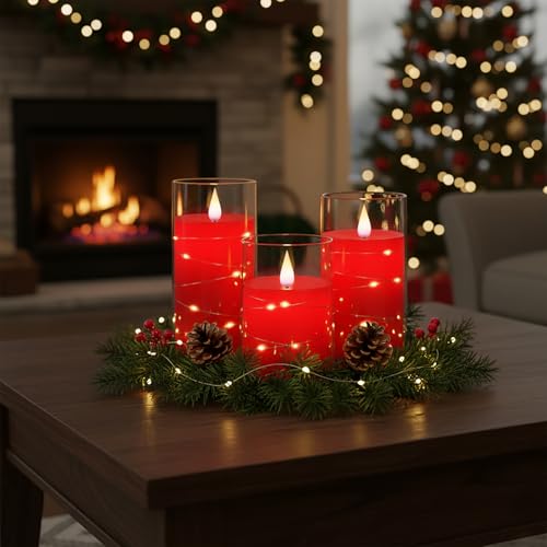 Image of Homemory Flickering Flameless Candles with String Lights, Battery Operated Candles, Embedded String Lights LED Candles, Unbreakable Plexiglass Candle with Remote, Set of 3, Red
