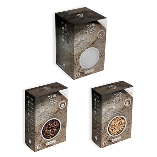 Peugeot Salt & Pepper Spice Bundle-15 Sealed Packets Total-4 Tan Hoi Black Peppercorns, 4 Sarawak White Peppercorns, and 7 Coarse Dry White Salt-Spice Refills for Grinders, 510g