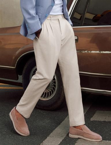 PJ PAUL JONES Mens Linen Dress Pants Casual Slim Fit Expandable Wasit Pleated Front Trousers2