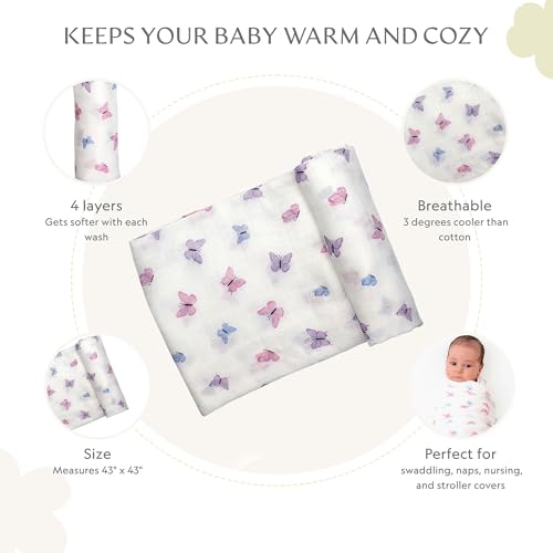 Image of Muslin Baby Swaddle - Breathable Receiving Blankets for Newborn Baby, 70% Viscose derived from Bamboo, 30% Spandex, Imported, Butterfly