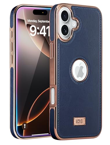 Image of BOUNCEBACK Faux Leather Electroplated Logo Cut Back Case /Cover for iPhone 16 - Midnight Blue