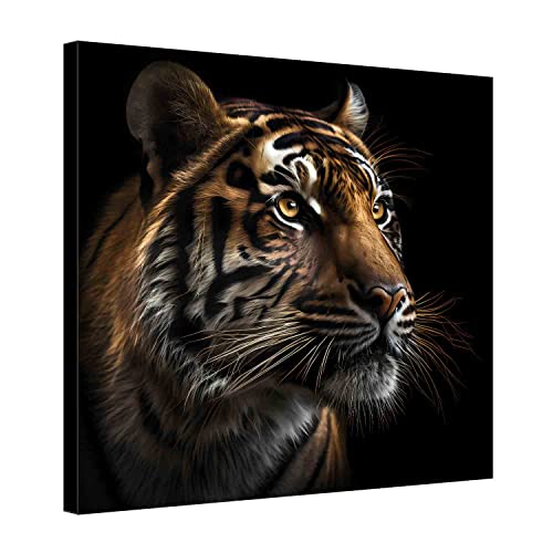 Arjazia Tableau Deco Tigre Fond Noir - Décoration Animal - 60x60cm et 80x80cm - Impression Haute Résolution - Toile Tendue sur Un Cadre en Bois (80x80 cm)