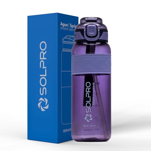 Image of Solpro Agua Spain Sipper Water Bottle 1000 ml Leakproof BPA Free, Sipper Bottle for Kids, Men, Women, Adults for School, Office, College, Travel, Gym, Workout, Outdoor, Camping (Purple /Purple)