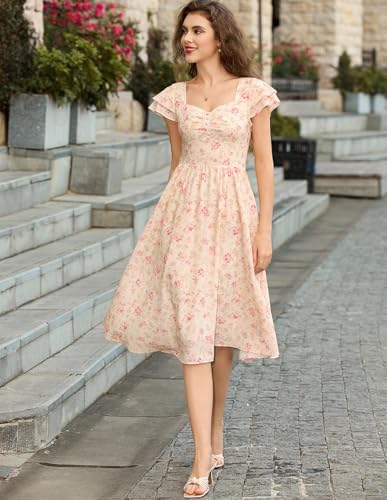 Image of Belle Poque Women's Sweatheart Neck Ruffle Cap Sleeve Floral Dress 2026 Summer Ruched Midi Elegant Cocktail Party Dress