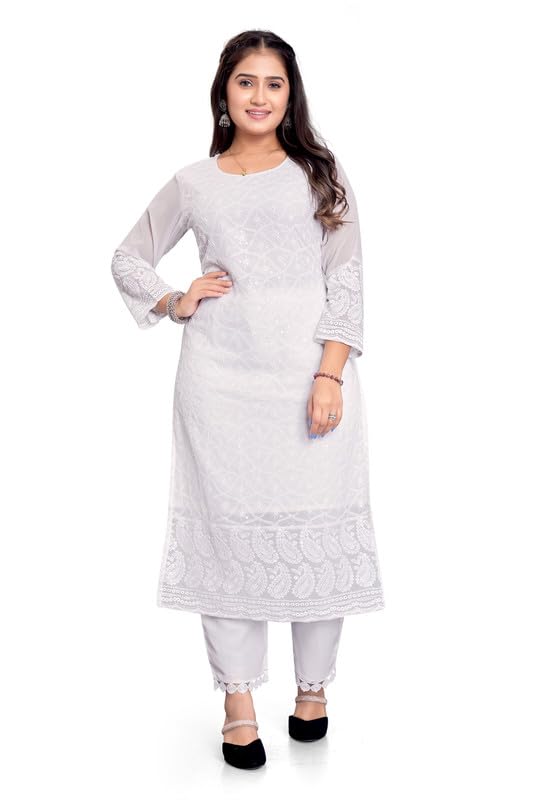 Image of IMPEX Hand Embroidered Chikankari Georgette Kurta for Women