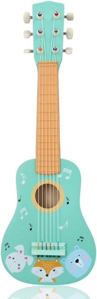 Kindergitarre aus Holz, Gitarre für Kinder ab 3 Jahre, 53x17x6 cm, 6-saitige Spielzeuggitarre, Nylonsaiten - mit Waldtieren und Noten verziert - bemaltes Holz - Musikinstrumente für Kinder