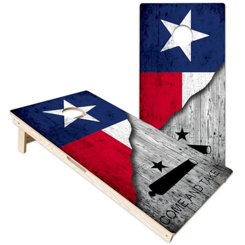 Get Outside Games Texas Flag Distressed Split Come and Take It Wood Grain - 24x48 Full Size Premium Cornhole Boards (Cornhole Boards + 8 All Weather Bags & Classic Carry Case)
