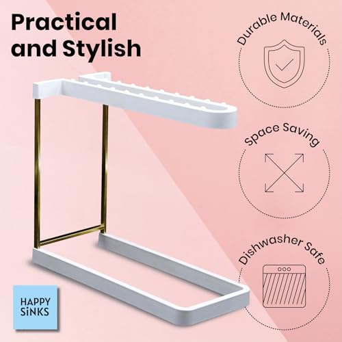 HAPPY SINKS Tabletop Wine Glass Holder - Holds 3 Stemware, Powder-Coated Stainless Steel & Bio-Composite - Drying Rack with Silicone Coasters - Dishwasher Safe Stemware Rack for Kitchen Storage
