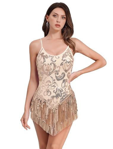 Women Shiny Sequin Fringe Bodysuit Adjustable Cami Straps Romper Gold L — view 3