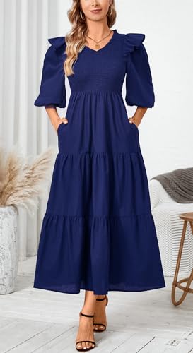 Image of Women Casual Lantern Sleeve Ruffle V Neck Fall Dress Boho Flowy Maxi Dresses Tiered Cocktail Long Dress