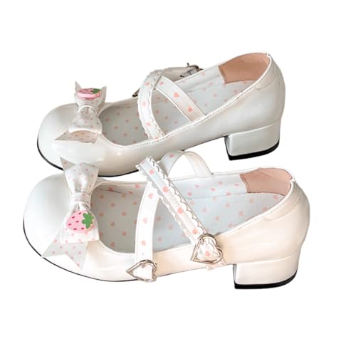 Women's Cross Strap Mary Jane Shoes Japanese Kawaii Strawberry Bow Round Toe Block Mid Heel Cute Pumps Lolita Cosplay Costume