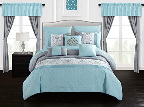 Chic Home Emily 20 Piece Comforter Set Color Block Floral Embroidered Bag Bedding-Sheets Window Treatments Decorative Pillows Shams Included, King, Aqua Blue