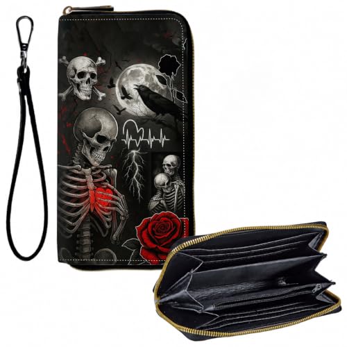 Women's Large PU Leather RFID Phone Wallet Wristlet Dark Skeleton Rose