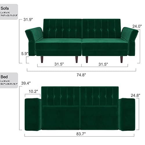 Belffin Velvet Convertible Futon Sofa Bed Memory Foam Futon Couch Sleeper Sofa Green #TOP1