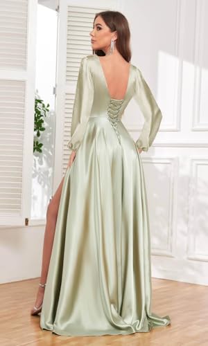 V Neck Satin Bridsmaid Dresses for Wedding Women with Slit Long Sleeves Pleated Prom Dress3