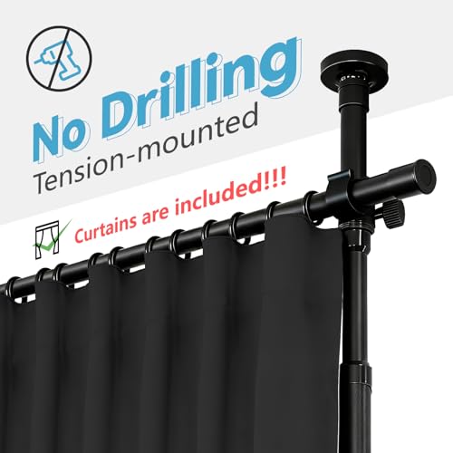 Image of JILRON No-Drill Room Divider Curtain Set: Includes 106 inch W x 96 inch L Black Curtain & Adjustable Pole Brackets (35-100 inch W x 43-120 inch H Adjustable Range)