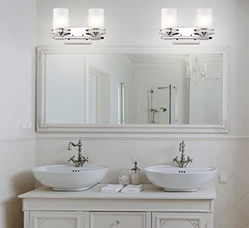 Image of JONATHAN Y Fairfax 2-Light Bathroom Vanity Light 14.25 inch Metal /Glass, Chrome | Art Deco Style, Frosted White Cylinder Shades, Dimmable, LED Bulbs Included, Hardwired Mirror Wall Sconce