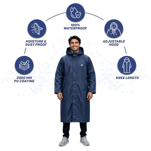 Image of ROCKSPORT Water Proof Long Rain Coat With Adjustable Hood For Mens - Blue