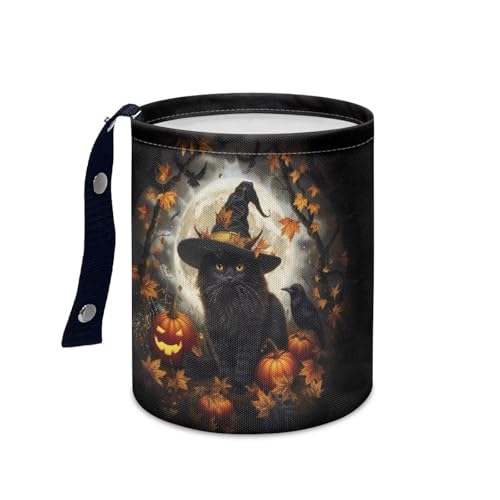 Image of Halloween Black Cat Pumpkin Collapsible Portable Trash Can for Car Front Seat, Back Seat, Floor, Headrest Rubbish Bin