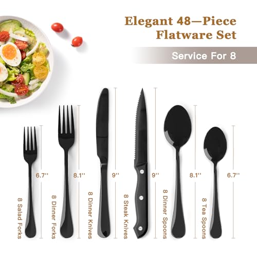 Image of Astercook Silverware Set 48-Piece Black Flatware Set with Steak Knives Food-Grade Stainless Steel Cutlery Set for 8 Mirror Polished Utensils Set Include Spoons and Forks for Home Kitchen Restaurant