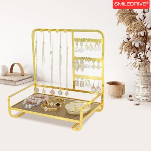 Image of SMILEDRIVE Premium Metal Jewelry Stand Organizer, Gold | Sleek Tabletop Holder, For Necklaces, For Earrings, For Rings & Bracelets