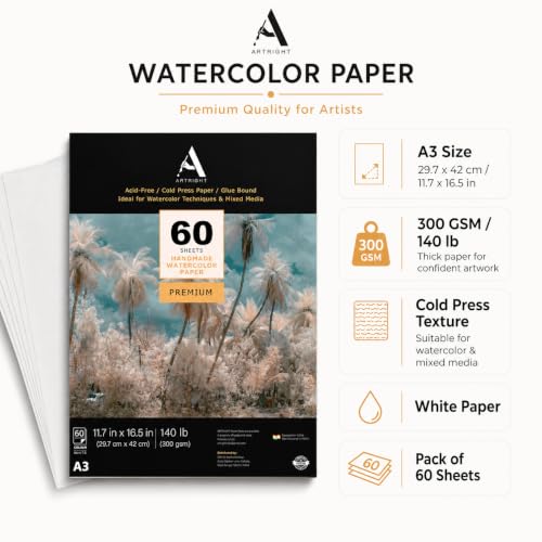 Image of ArtRight Artists' Watercolor Paper A3 300 GSM - 60 Sheets of Handmade Rough Grain Water Colour Papers for Watercolour, Acrylic, Gouache, Ink & Mixed Media