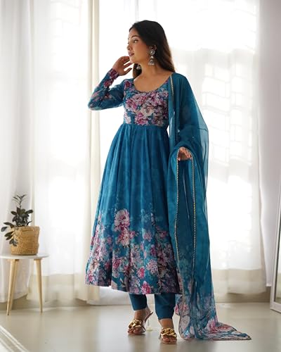Image of KD Women's Floral Print Anarkali Kurta Set with Pant and Dupatta, Georgette, Full Sleeves, Asymmetric Hemline