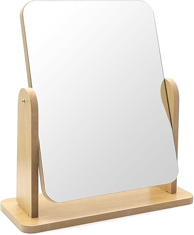 Espejo de Maquillaje de Madera 22 x 17 cm Rectangular Con Rotación de 360 Grados - Portátil Para Encimera y Baño