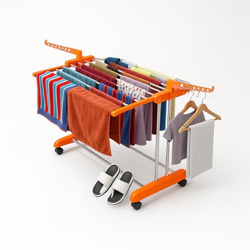 Image of HOUZA Premium Stainless Steel Clothes Drying Stand with Wheels | 1 Layer Foldable Cloth Dryer Stand /Rack for Household, Balcony, Indoor & Outdoor | Portable & Rustproof- Orange