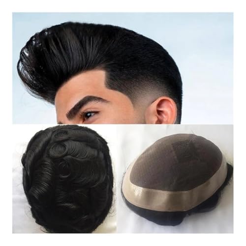 pelucas para hombres Peluca humana masculina, cabello Remy, peluquín for hombres, Mono fino, Base de encaje, peluca for hombres, peluquín de repuesto(Black,8x10)