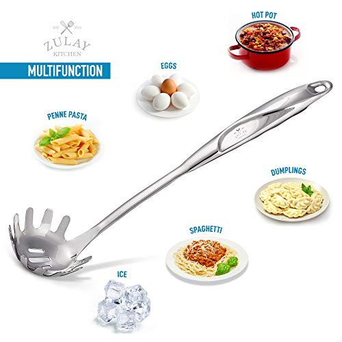 Zulay Kitchen 12 Inch Pasta Server - Durable Food Grade Stainless Steel Pasta Spoon Server With Ergonomic Handle & Heat Resistant Design - Kitchen Spaghetti Server Fork For Noodles, Pasta, & More #TOP4