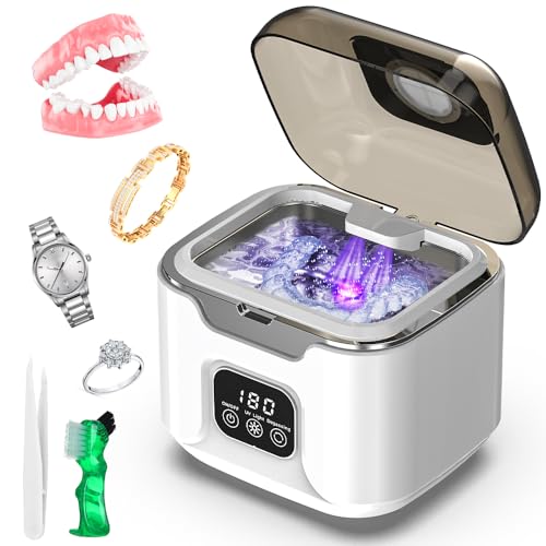 Triler Ultrasonic Retainer Cleaner Portable 48kHz Ultrasonic Cleaning Machine with 240ml Capacity, Digital Mouth Guard Cleaner with Timer for Denture, Aligner, Jewelry (White)