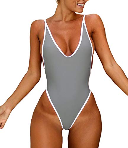 KIWI RATA Sexy Womens Monokini Deep V One Piece Backless Cheeky Swimwear Semi Thong Bikini White