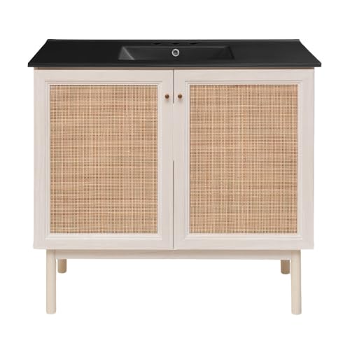 Image of Swiss Madison Classe 36 in. White Oak Bathroom Vanity with Black, 3-Hole Ceramic Sink Top