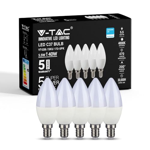 V-TAC E14 LED Candle Bulbs | 5.5W (Equivalent to 40W) Candle Light Bulbs | Edison Small Screw Light Bulb | Samsung Chip Non Dimmable E14 Candle Bulb | 4000K Day White | Pack of 5