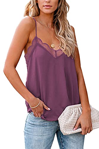 lime flare Women Sexy Summer Lace Trim Satin Cami Tank Tops Dressy Silk Lacy Camisole Shirt (Small, Lavender Lace)
