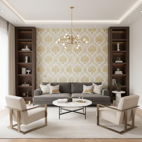 Image of White Golden Luxury Floral Damask Pattern Wallpaper 45x300cm | Self-Adhesive Wall Sticker | Decorative Vinyl Paper for Living Room, Sofa Background & Hallway Decor