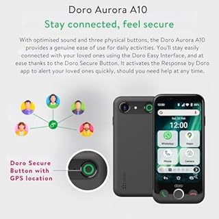 Doro - Aurora A10 Mobile Phone – Senior Smartphone – Easy to Use – Assistance Button with GPS Location – Hearing Aid Compatible – USB Cable Included – Bone