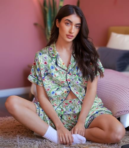 Image of HUNTFAMI Women Silky 2 Pcs Satin Pajama Set Long Sleeve Button Down | Satin pajama set; Short-sleeves in a coordinated 2-piece; funny printed; colourful style
