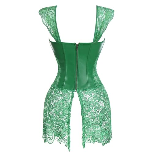 Corset Corpete Corselet Mini Saia Modela Cintura Valoriza Seios Couro Sintético Renda Verde M719