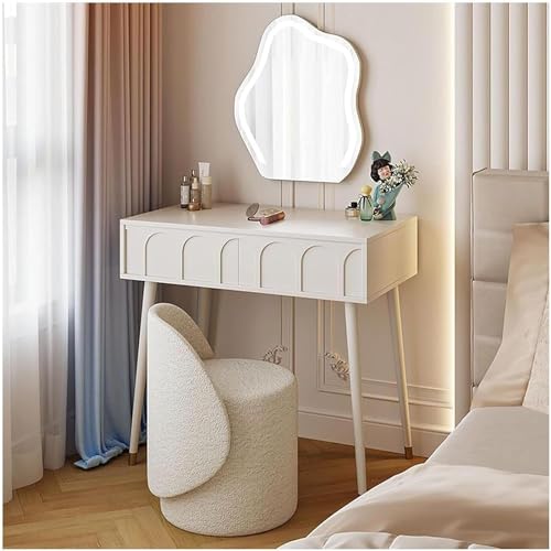Juego de tocador de maquillaje de estilo nórdico con espejo LED, luz regulable y taburete tapizado, decoración perfecta para el dormitorio para un aspecto glamuroso