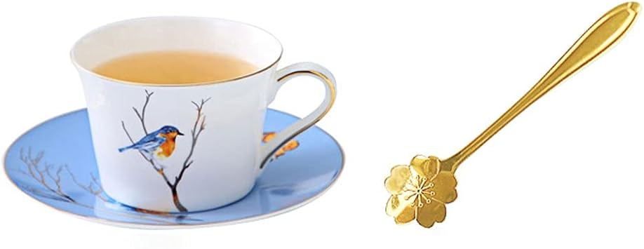 Bone China Teacup Coffee,Cup For Breakfast, Coffee s Coffee,Luxury Euro And Blue Saucer Chinese Bone China Tea Cup,Tree Bird Pattern And Golden Edge