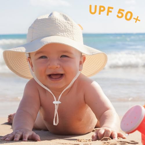 Image of HONGTEYA Baby Sun Hat Toddler Girl Beach Hat Sun Protection Adjustable Outdoor Summer Wide Brim Bucket Hat for Infant Kids