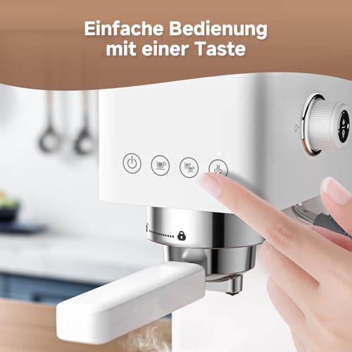 AMZCHEF Siebträgermaschine 20 Bar Espressomaschine klein mit LED-Display, Milchaufschäumer & Edelstahl-Dampfstab, 1350W Schnellaufheizung, 1,5L Wassertank, für Espresso Cappuccino Latte,Weiß 6