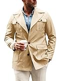 Pretifeel Mens Lightweight Safari Jacket Casual Military Button Up Multi-Pocket Cargo Coat Outwear