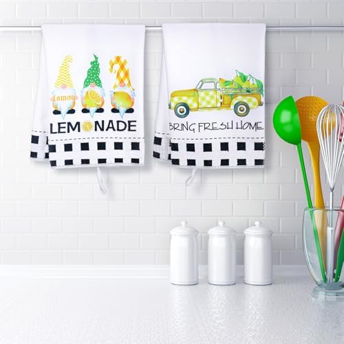 Bencailor 4 Pcs Sunflower Kitchen Towels Summer Sea Beach Flower Floral Cow Kitchen Dish Towels Fast Drying Decor for Cooking (Yellow,Lemon)