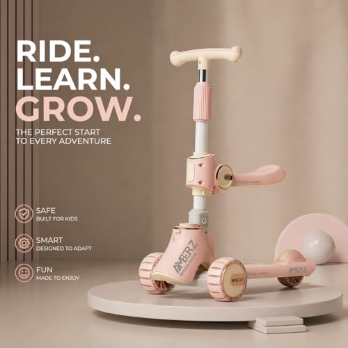 Image of Multi-Functional 2 in 1 Kids Kick Scooter with Foldable Seat | Adjustable Handlebar | PU LED Flashing 3 Wheels | for Boys & Girls Age 3-14 Years (KS-110 Pink)