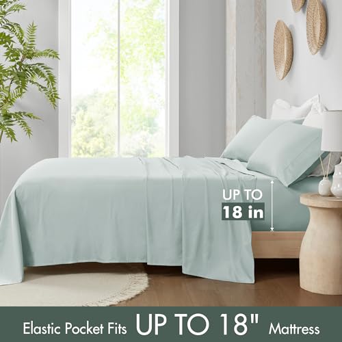 Image of Madison Park Organic Cotton Sheets 300TC, King Size Bed Set, Aqua 4 Piece | Soft & Breathable Cotton Bed Sheets, Elastic Deep Pocket, Fits Up to 18 inch Mattress, All Seasons Cozy Lightweight Bedding