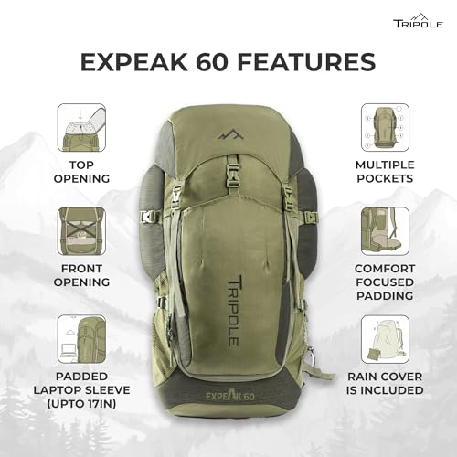 Image of TRIPOLE Expeak 60L Rucksack Bag for Men & Women | Front Opening, Laptop Compartment & Raincover | Trekking, Hiking & Backpacking